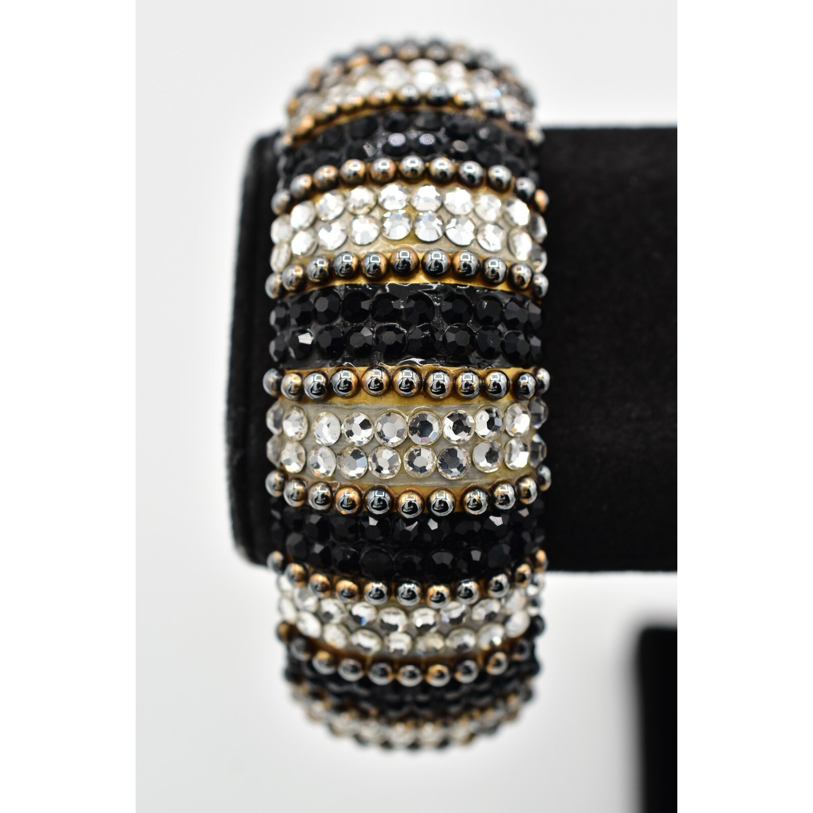 Richard Kerr Vintage Crystal Bangle Bracelet Black White Chunky Signed 80s Bin4